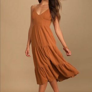 Lulu’s Bliss Abound Rust Brown Tiered Midi Dress - Small